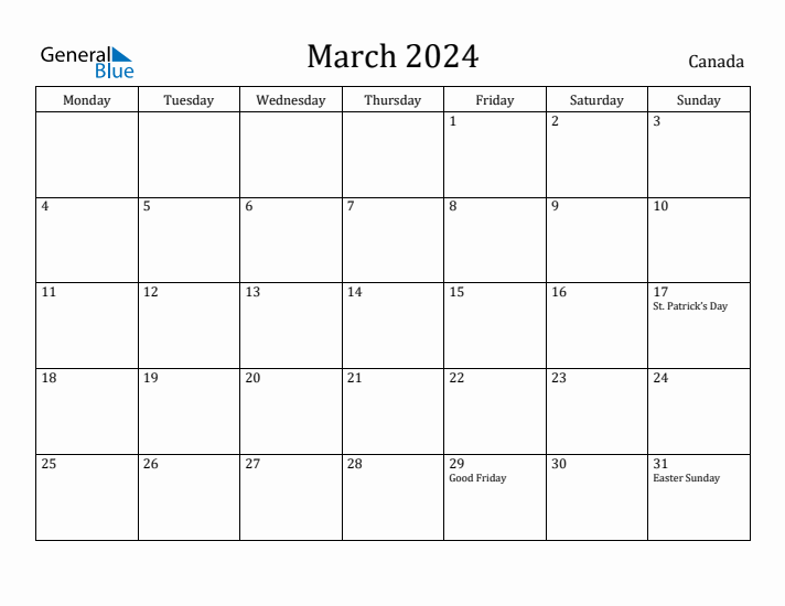 March 2024 Monthly Calendar with Canada Holidays