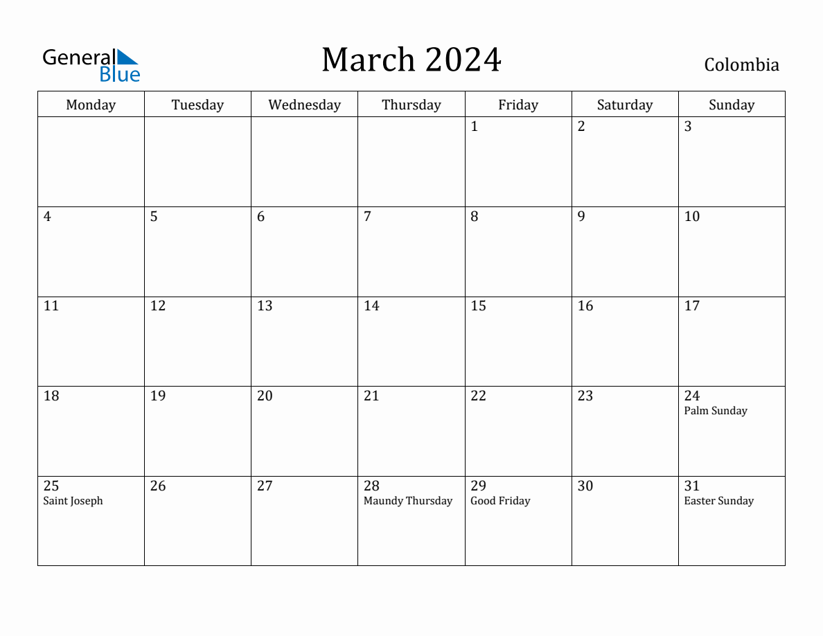 March 2024 Colombia Monthly Calendar with Holidays