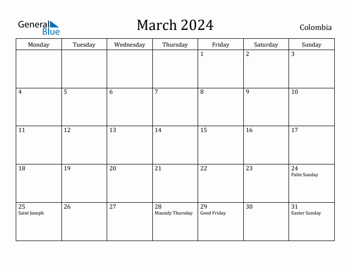 March 2024 Colombia Monthly Calendar with Holidays
