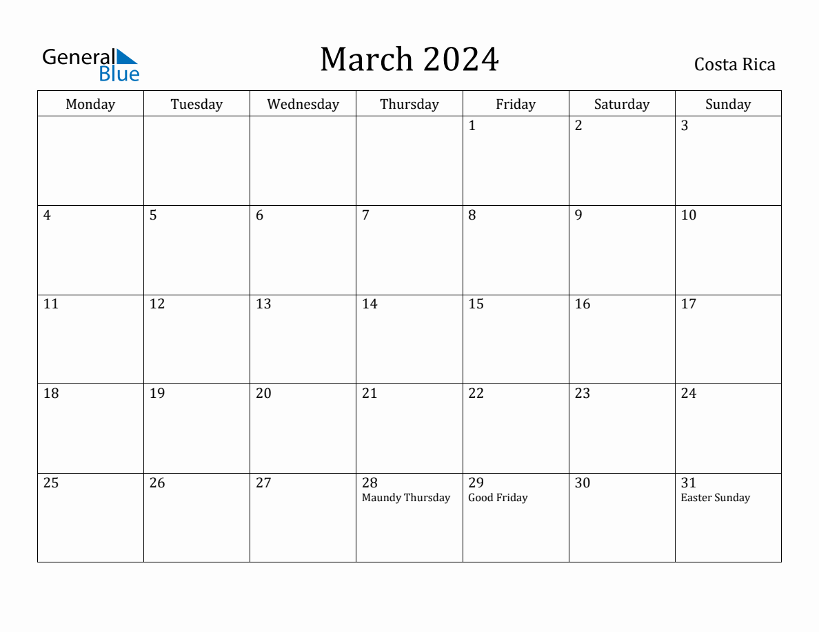 March 2024 Costa Rica Monthly Calendar with Holidays