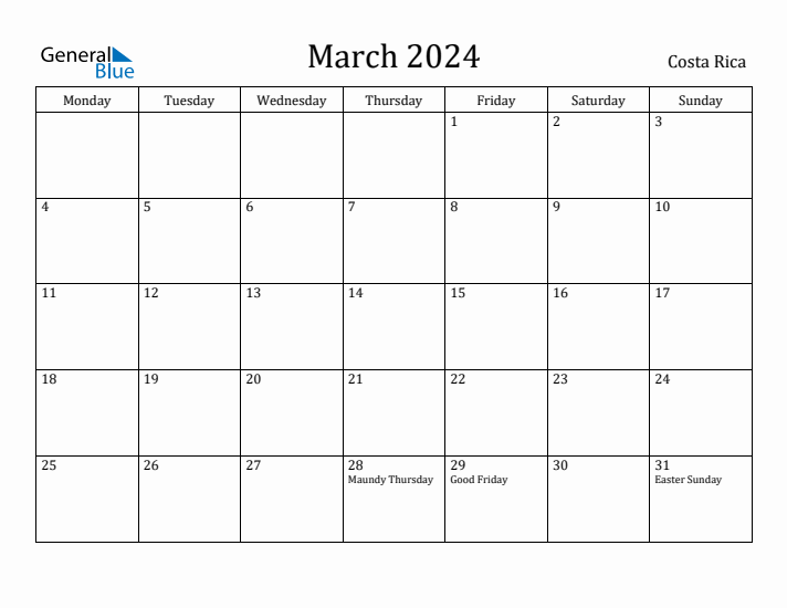 March 2024 Costa Rica Monthly Calendar with Holidays