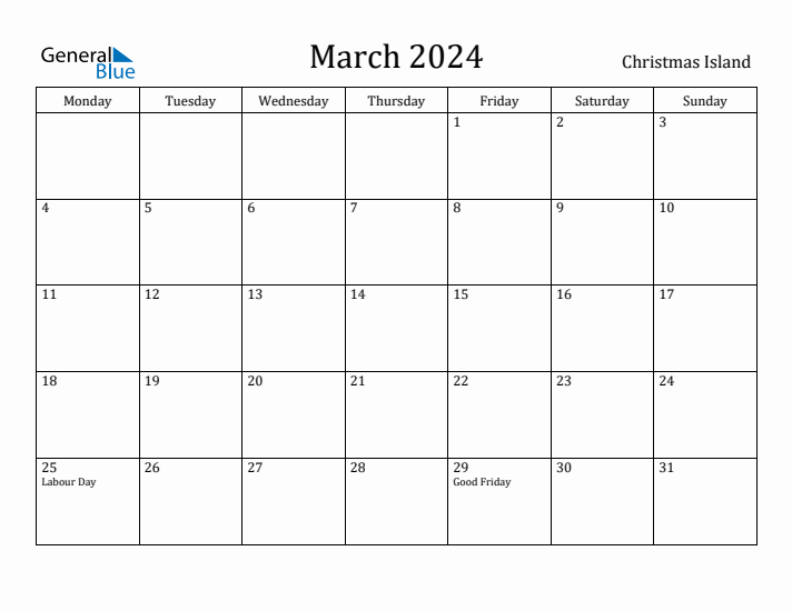 March 2024 Calendar Christmas Island