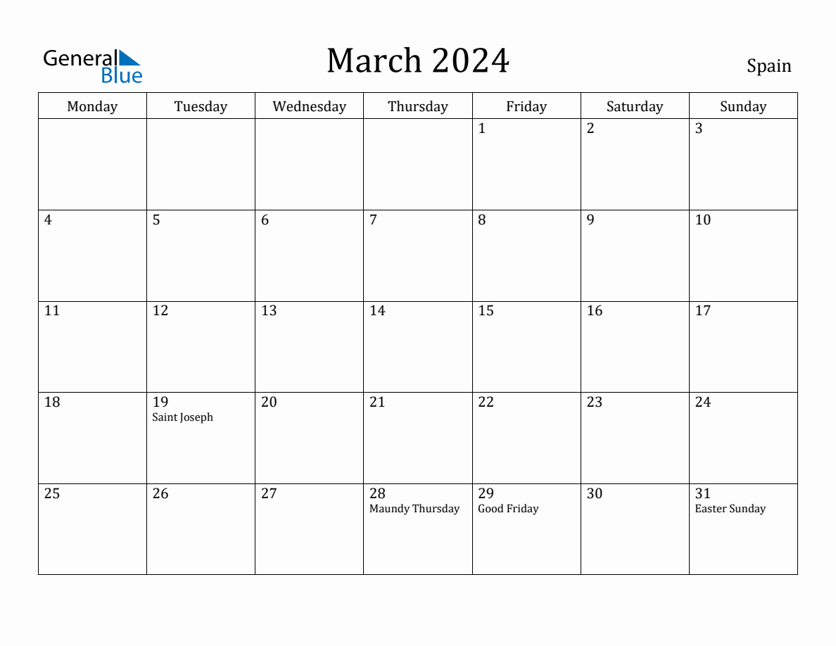 March 2024 Spain Monthly Calendar with Holidays