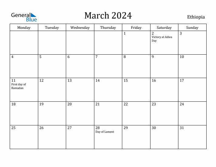 March 2024 Calendar Ethiopia