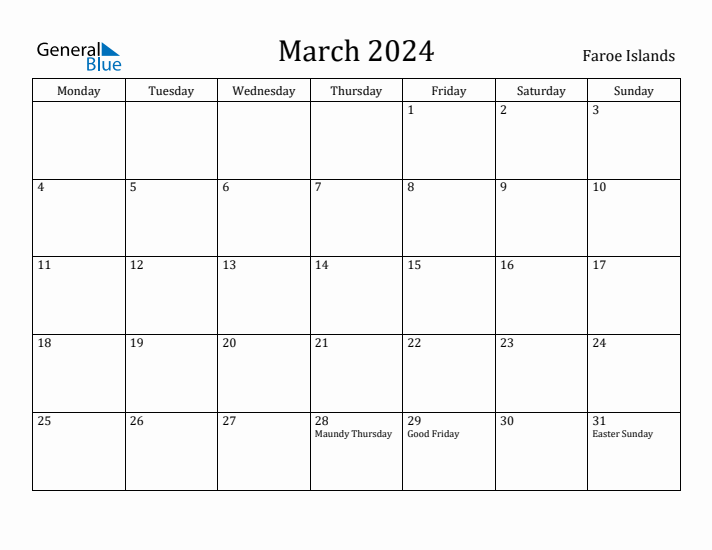 March 2024 Calendar Faroe Islands