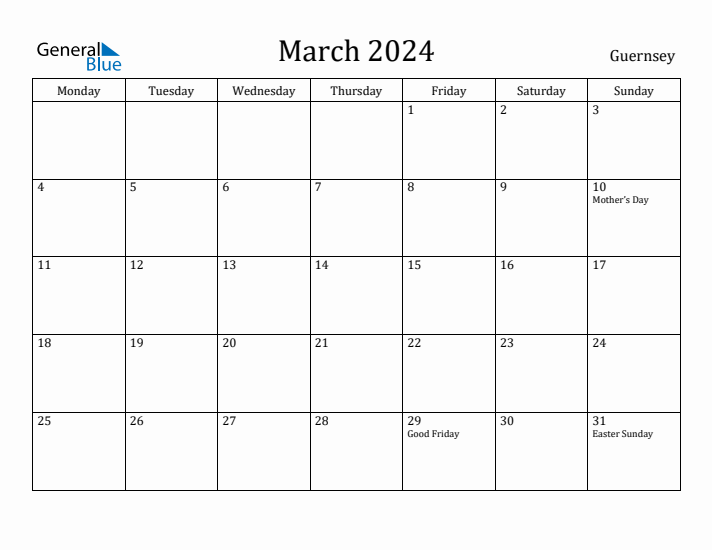 March 2024 Calendar Guernsey
