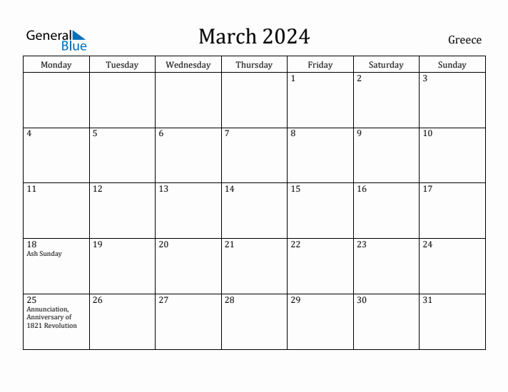 March 2024 Greece Monthly Calendar with Holidays