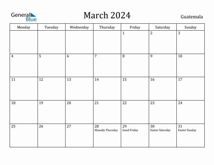 March 2024 Calendar Guatemala