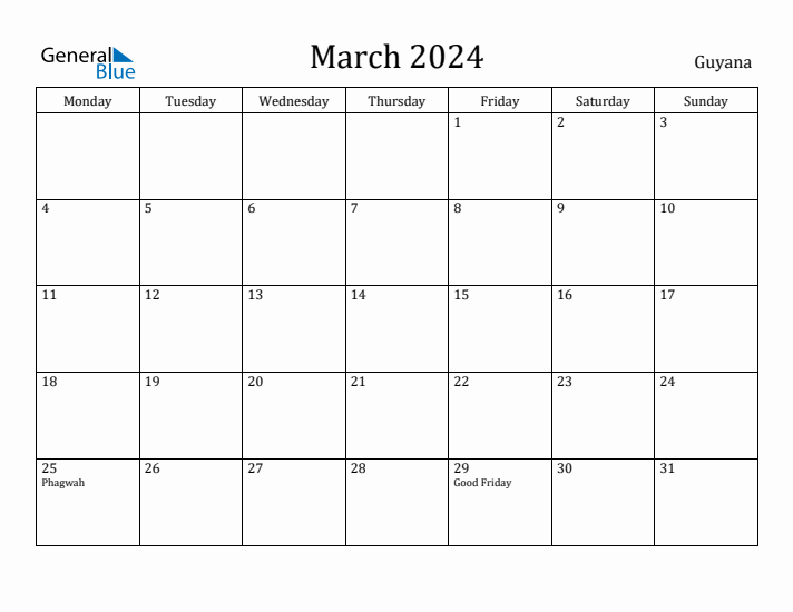 March 2024 Calendar Guyana