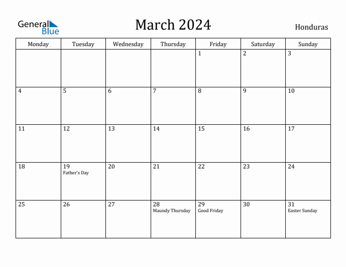 March 2024 Calendar Honduras