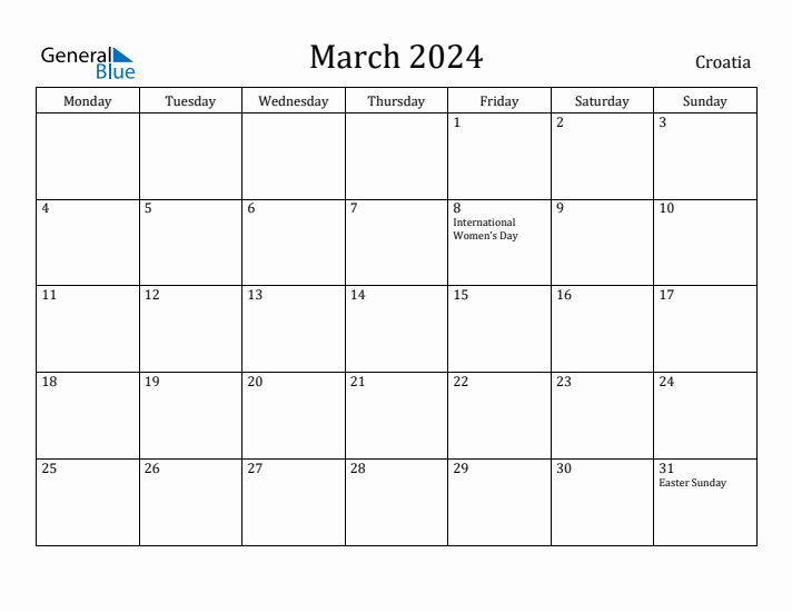 March 2024 Calendar Croatia