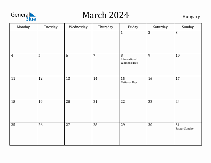 March 2024 Calendar Hungary