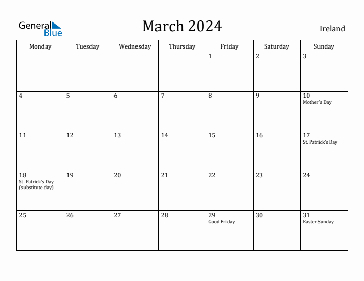 March 2024 Ireland Monthly Calendar with Holidays