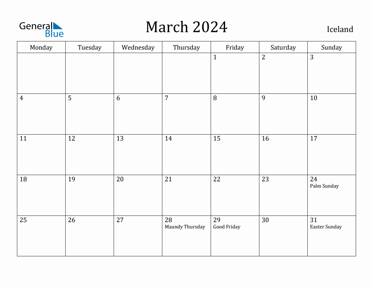 March 2024 Iceland Monthly Calendar with Holidays