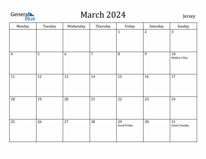 March 2024 Calendar Jersey