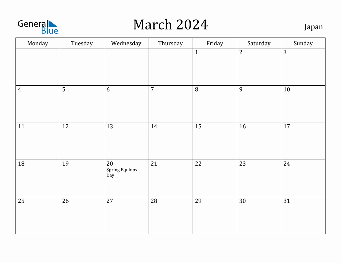 March 2024 Japan Monthly Calendar with Holidays