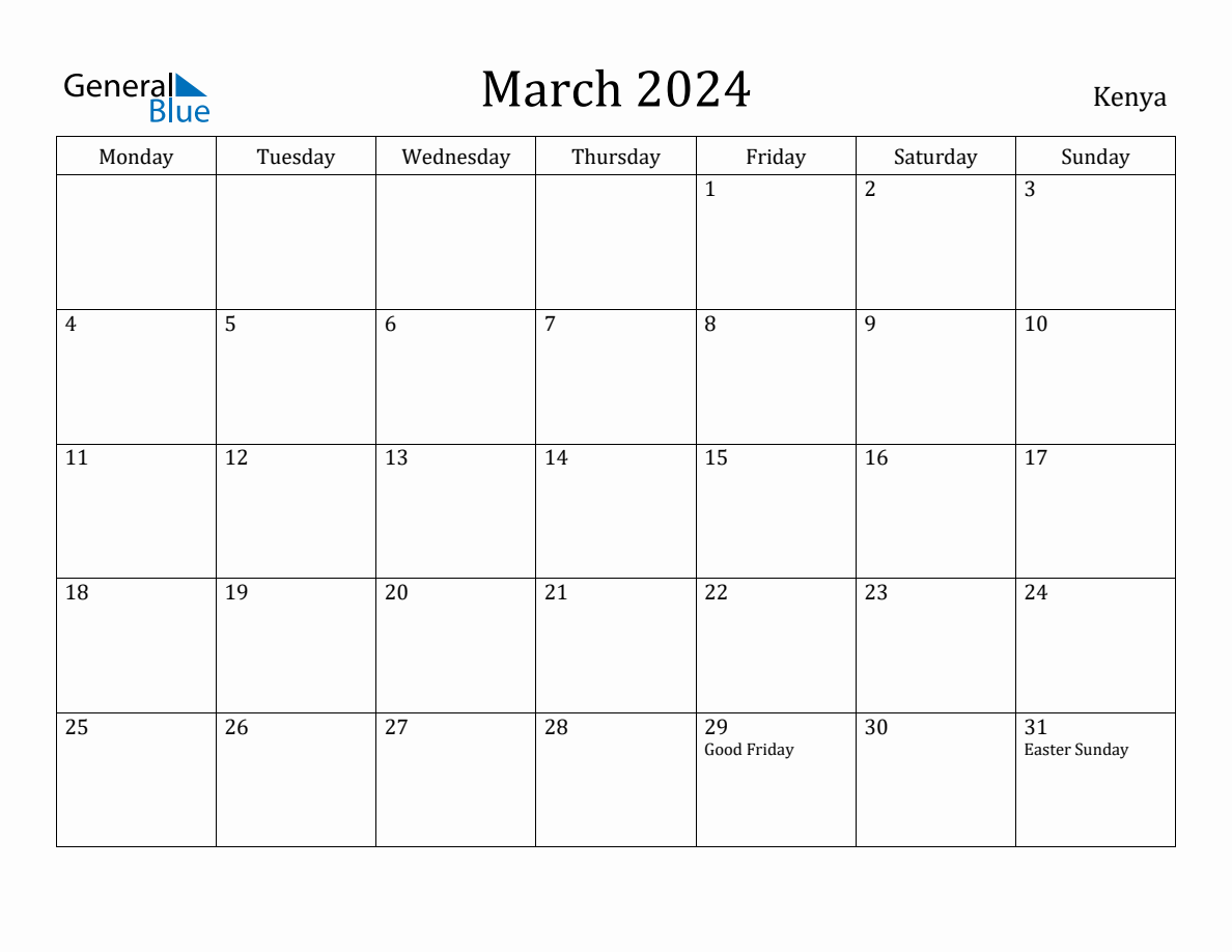 March 2024 Kenya Monthly Calendar with Holidays