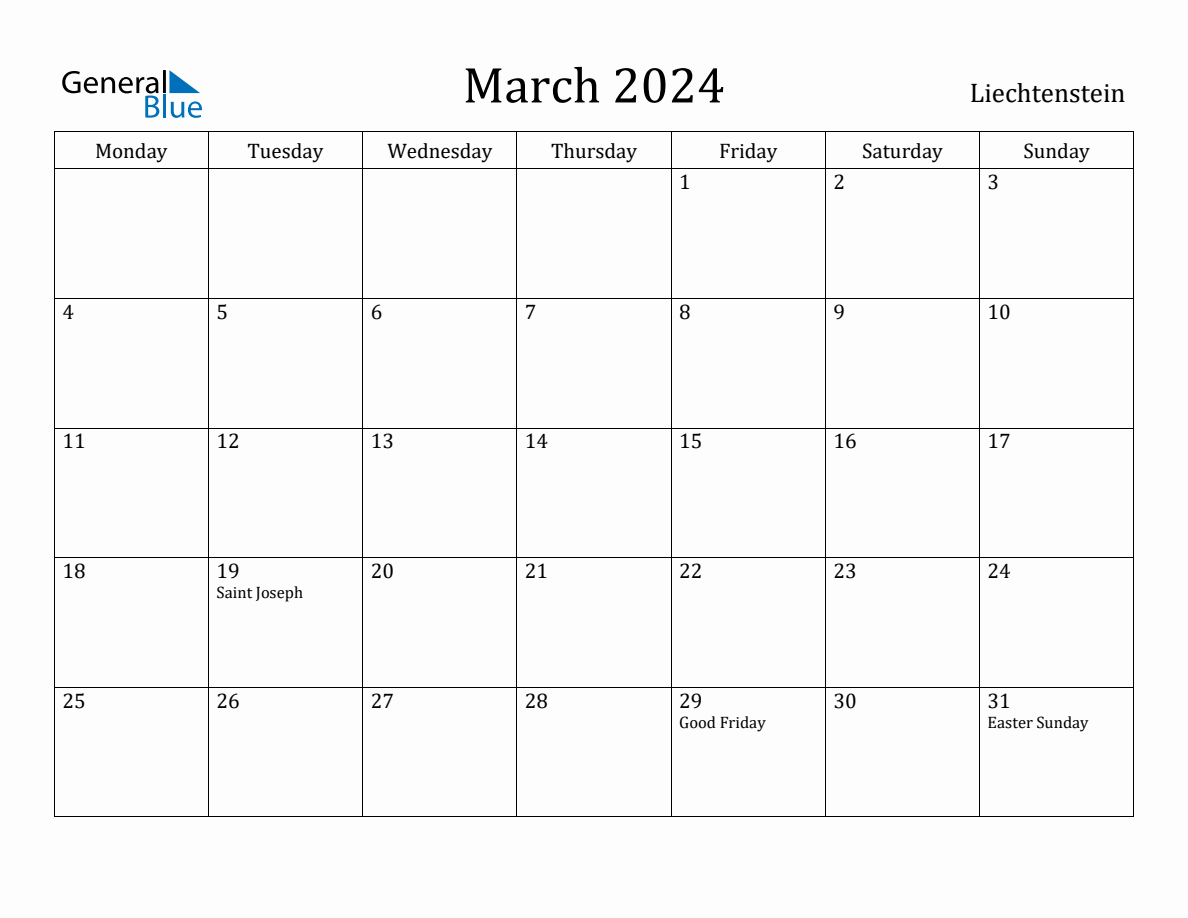 March 2024 Liechtenstein Monthly Calendar with Holidays