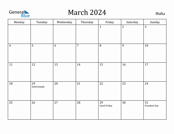 March 2024 Calendar Malta