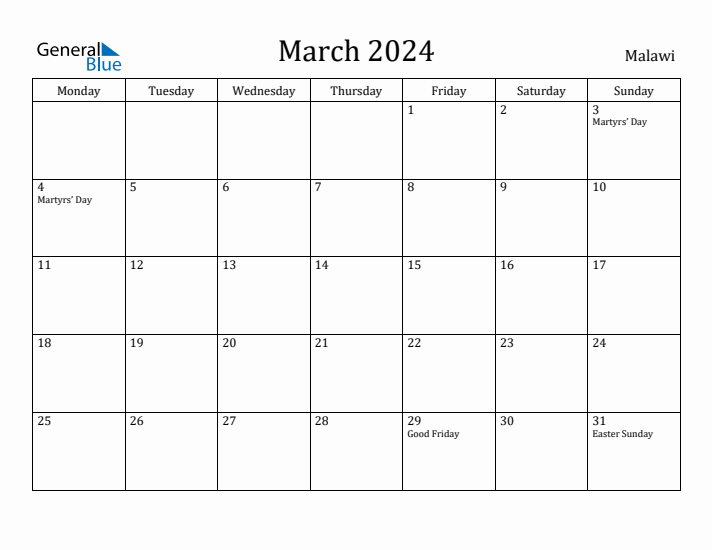 March 2024 Calendar Malawi