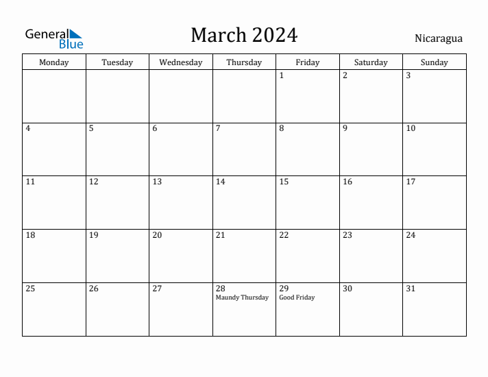 March 2024 Calendar Nicaragua