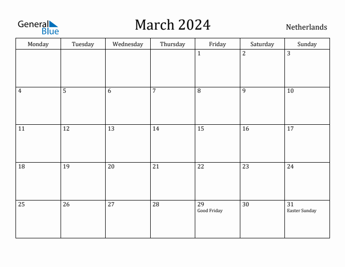 March 2024 Calendar The Netherlands