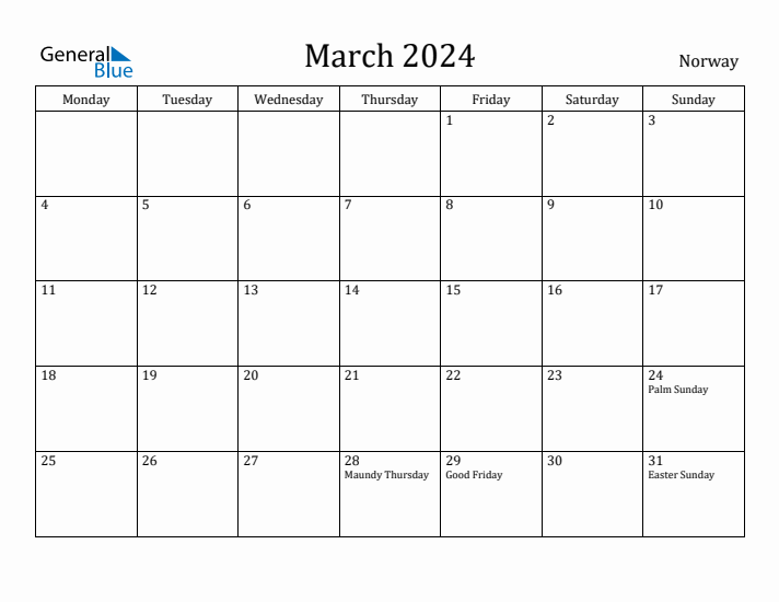 March 2024 Calendar Norway