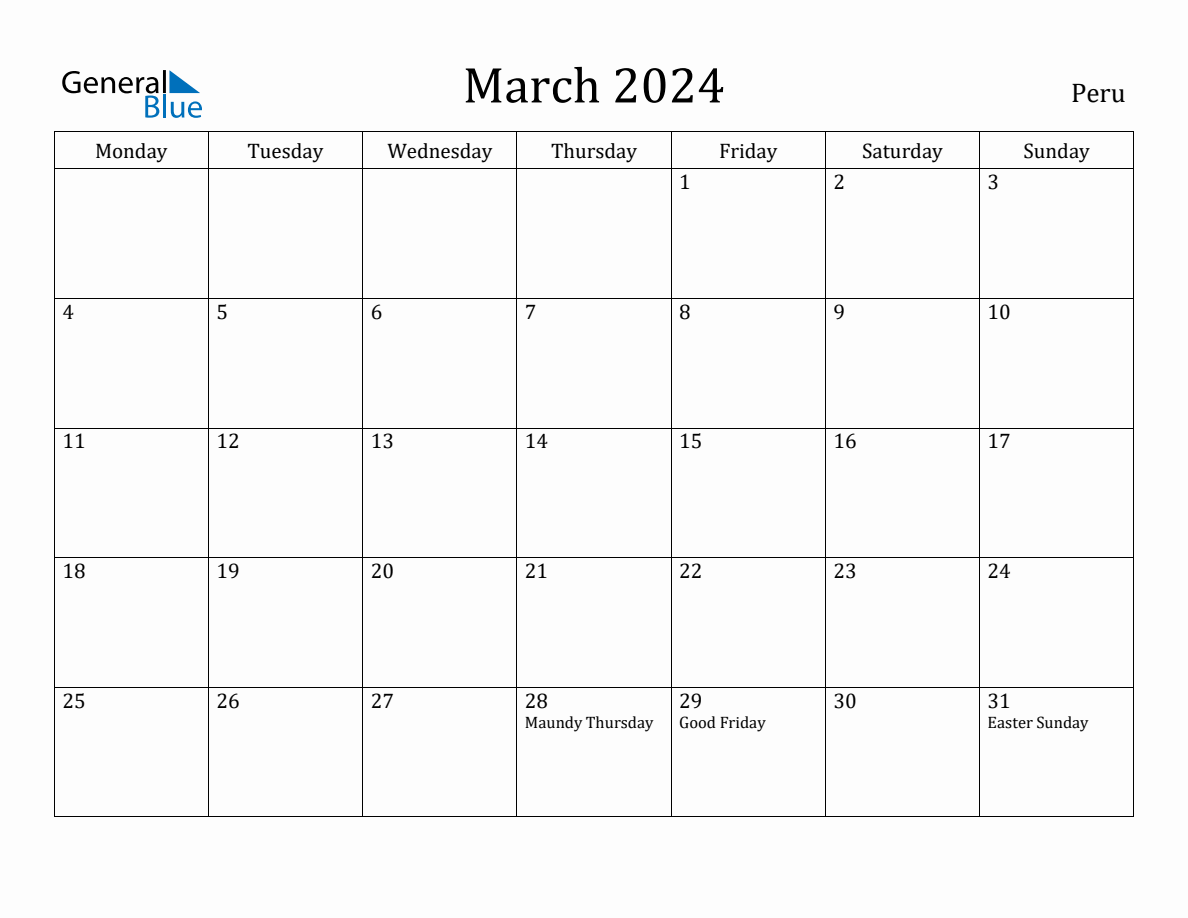 March 2024 Peru Monthly Calendar with Holidays