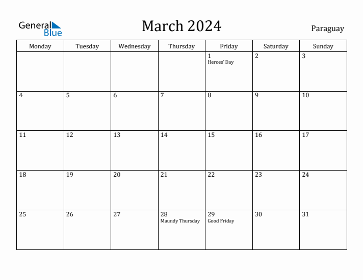 March 2024 Calendar Paraguay