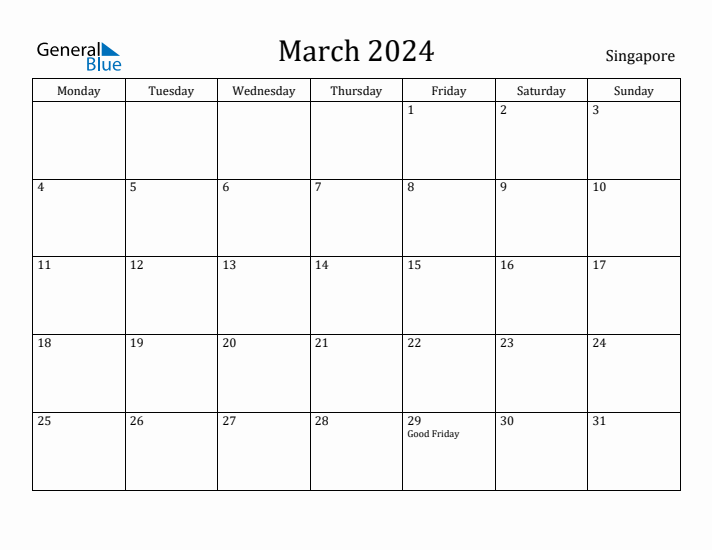 March 2024 Singapore Monthly Calendar with Holidays