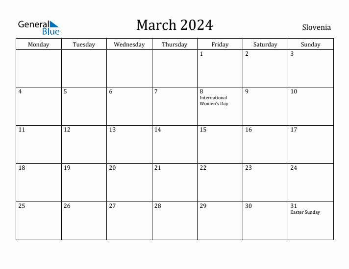 March 2024 Calendar Slovenia