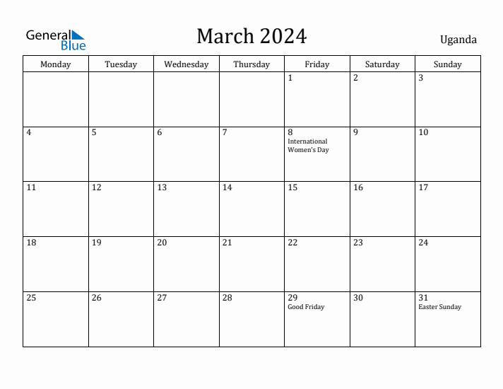 March 2024 Calendar Uganda