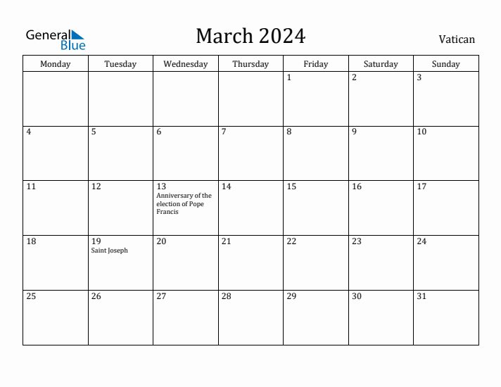 March 2024 Calendar Vatican
