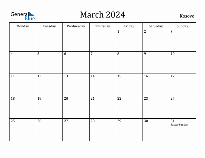 March 2024 Calendar Kosovo