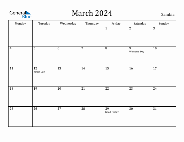 March 2024 Calendar Zambia