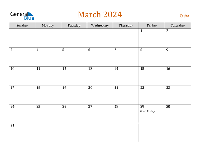 Cuba March 2024 Calendar with Holidays