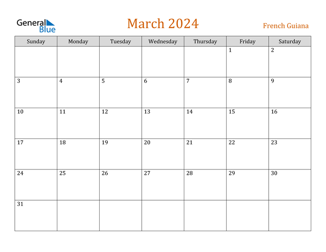 French Guiana March 2024 Calendar with Holidays