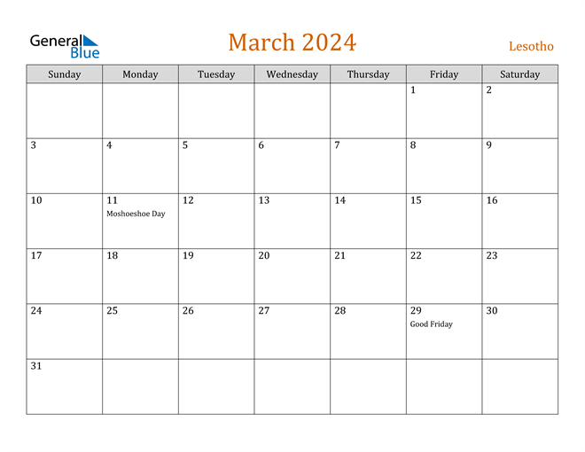 Lesotho March 2024 Calendar with Holidays