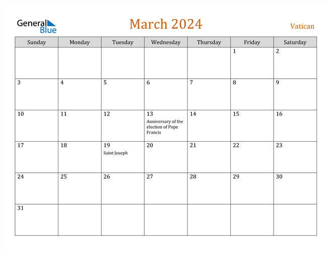 Vatican March 2024 Calendar with Holidays