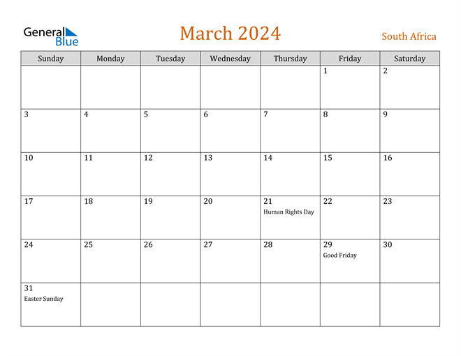 March 2024 Calendar With Holidays South Africa 2024 Ashly Camille