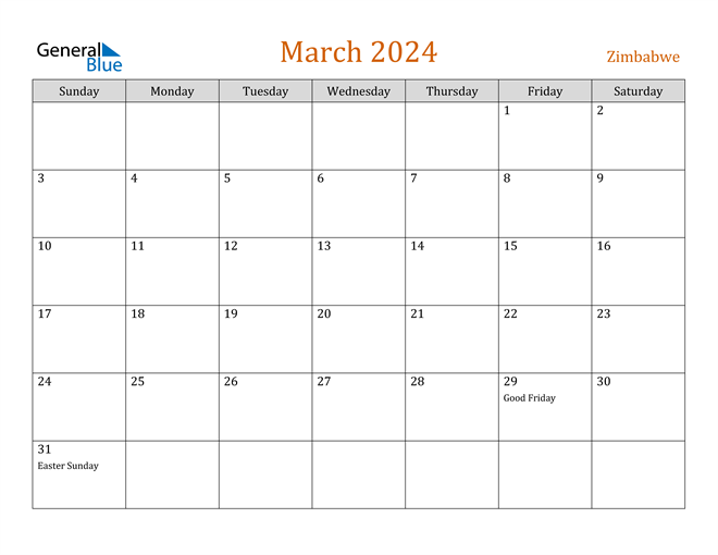 Zimbabwe March 2024 Calendar with Holidays