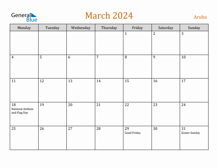 March 2024 Aruba Monthly Calendar with Holidays
