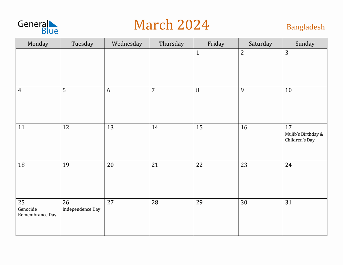 Free March 2024 Bangladesh Calendar