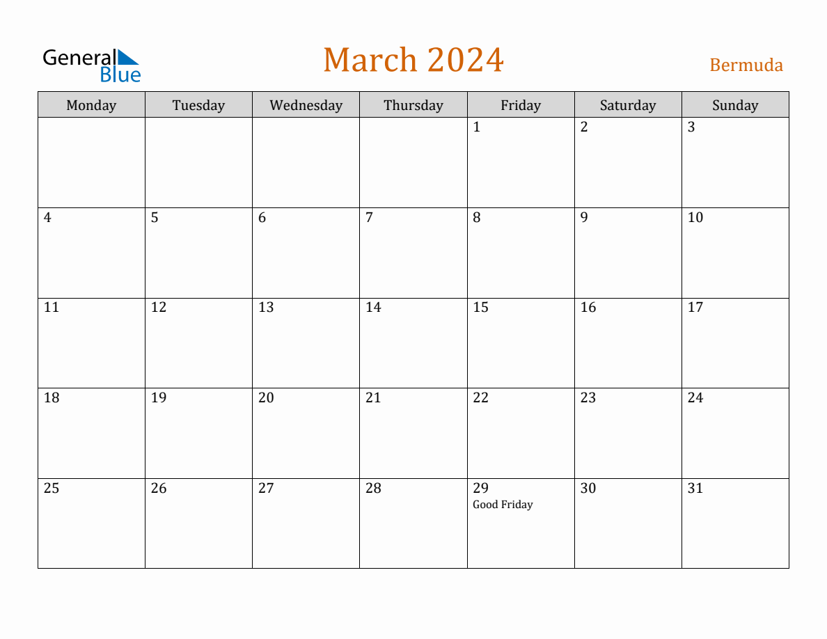 Free March 2024 Bermuda Calendar