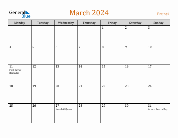 March 2024 Holiday Calendar with Monday Start