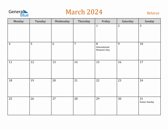 March 2024 Holiday Calendar with Monday Start