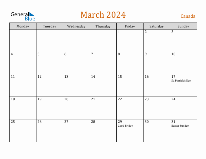 Free March 2024 Canada Calendar