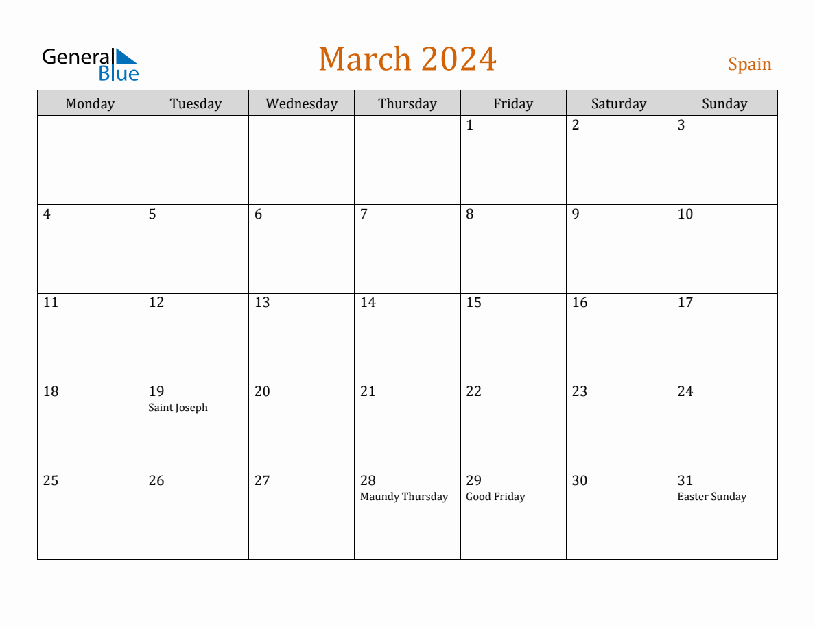 Free March 2024 Spain Calendar