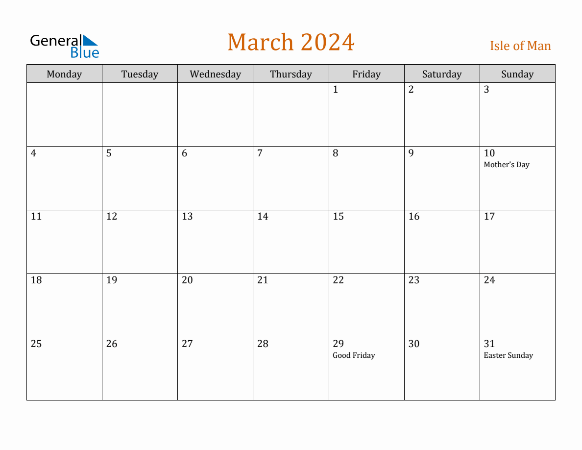 Free March 2024 Isle of Man Calendar