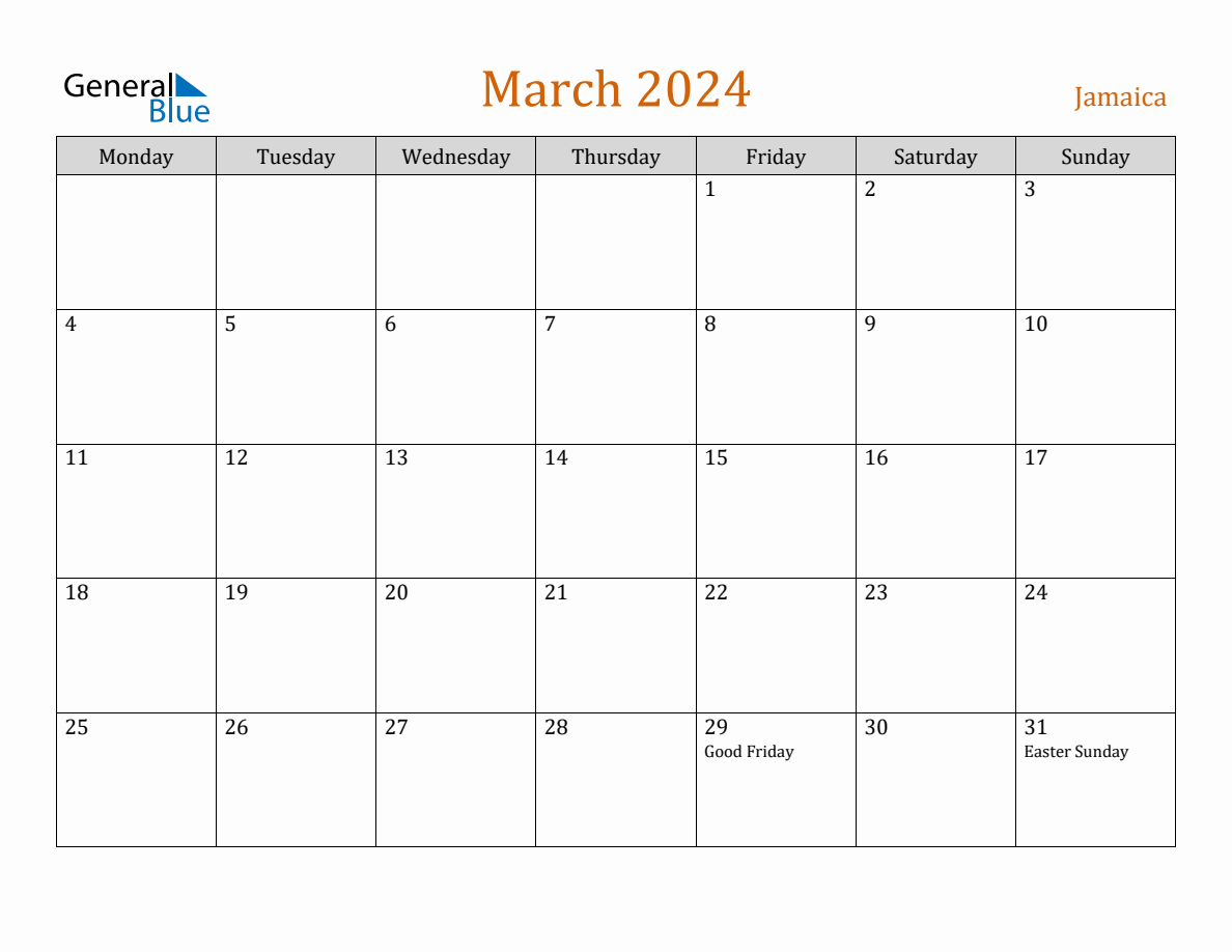 Free March 2024 Jamaica Calendar
